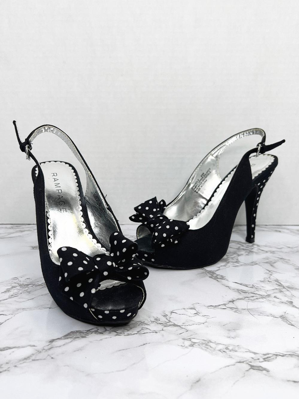Rampage Black Polka Dot Bow Slingback Heels Size 6.5 Retro Platform Pumps